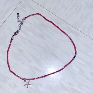Vintage Pink Cotton Cord With Small Gems Choker Starfish Charm Necklace